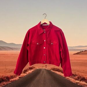 Vintage Women’s Western Red Embroidered Flap Pocket Denim Cropped Jean Jacket